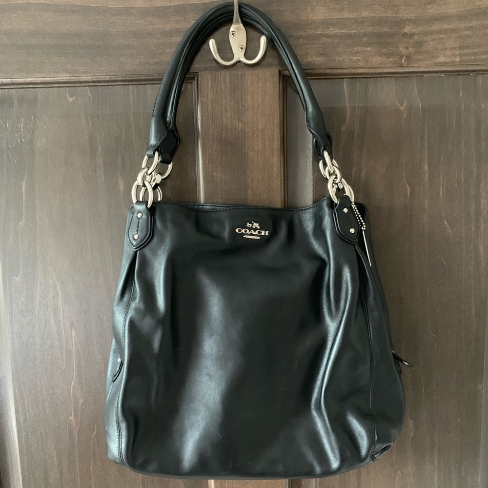 Coach Three Compartment Black Leather Shoulder Bag